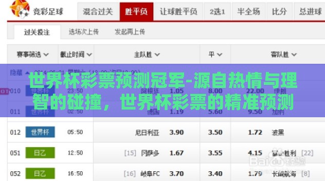 世界杯彩票预测冠军-源自热情与理智的碰撞,世界杯彩票的精准预测策略 世界杯彩票预测冠军-源自热情与理智的碰撞,世界杯彩票的精准预测策略