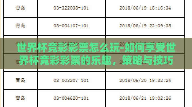 世界杯竞彩彩票怎么玩-如何享受世界杯竞彩彩票的乐趣,策略与技巧 世界杯竞彩彩票怎么玩-如何享受世界杯竞彩彩票的乐趣,策略与技巧