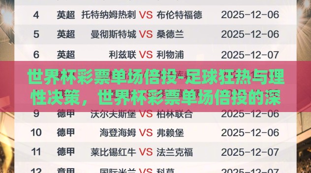 世界杯彩票单场倍投-足球狂热与理性决策,世界杯彩票单场倍投的深度考量 世界杯彩票单场倍投-足球狂热与理性决策,世界杯彩票单场倍投的深度考量