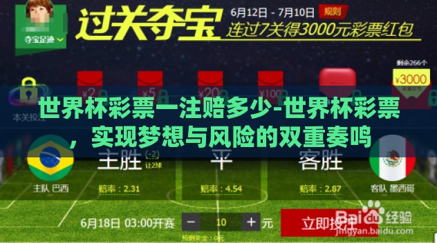 世界杯彩票一注赔多少-世界杯彩票,实现梦想与风险的双重奏鸣 世界杯彩票一注赔多少-世界杯彩票,实现梦想与风险的双重奏鸣